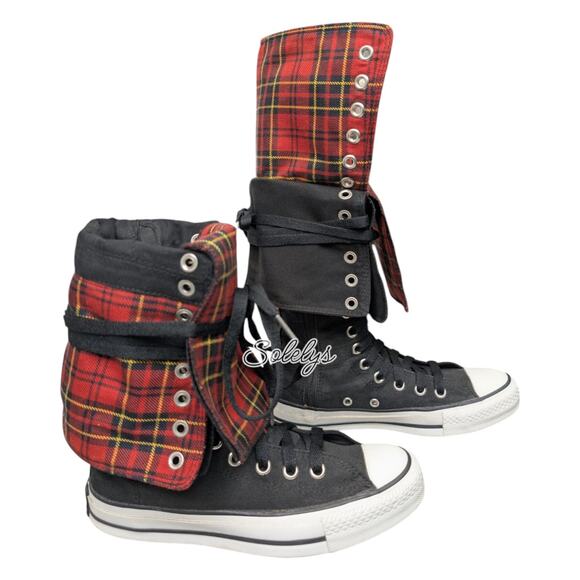 Converse Japan 2007 RARE XXHI Plaid Foldover Knee High Black Red White M4.5/W6.5 - Picture 3 of 16
